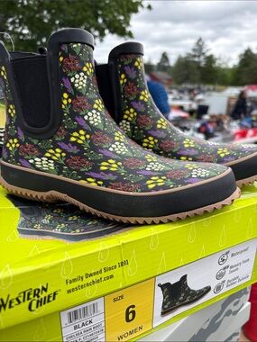 Western Chief Black Floral Chelsea Rain Booties